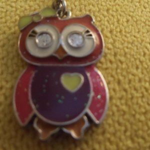 Necklace Owl Silver-tone, Sparkles Pink, Purple, Yellow, Pale Green, and Orange